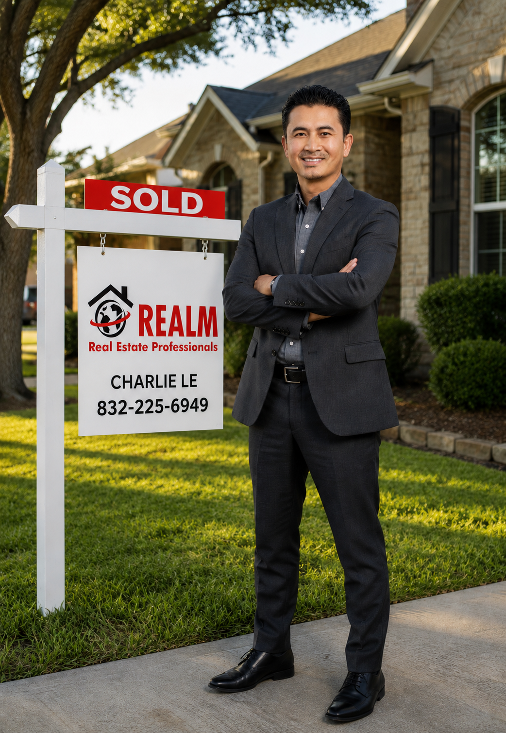 Charlie Le with a sold sign in front of a home
